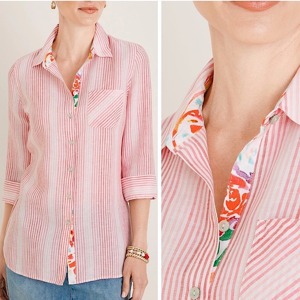 Chico's Linen Ombre Stripe Floral‎ Accent No Iron Shirt FreshChic Blouse 2 12/14